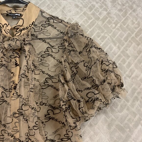 Fashion Nova Womens M Sheer Button Up Shirt Tan Brown Puff Sleeve Tie Neck - Picture 5 of 12